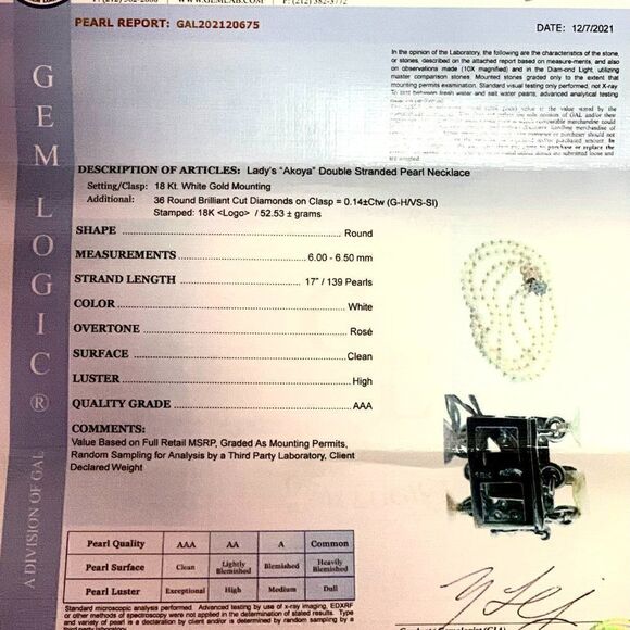 Diamond Akoya Pearl 2-Strand Necklace 17" 18k Gold 6.5mm Certified $8,750 120675 - Picture 11 of 11